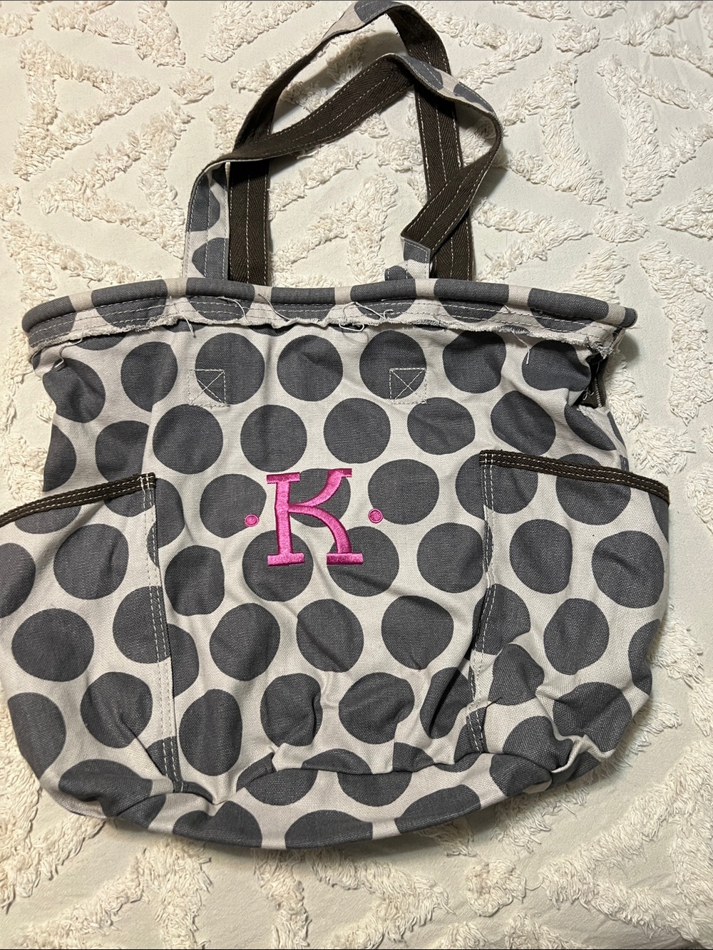 thirty-one Grey Polka Dot Tote with Pink Monogram